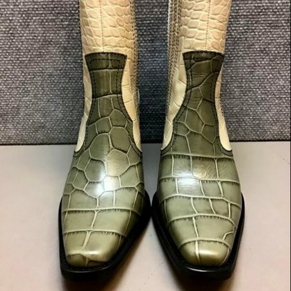 GANNI  WESTERN ANKLE BOOTS  GREEN, BROWN, TAN & WH